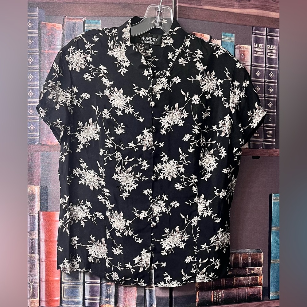 1990’s Laundry By Shelli Segal Black/Cream Floral Button Down Short Sleeve SZ 12